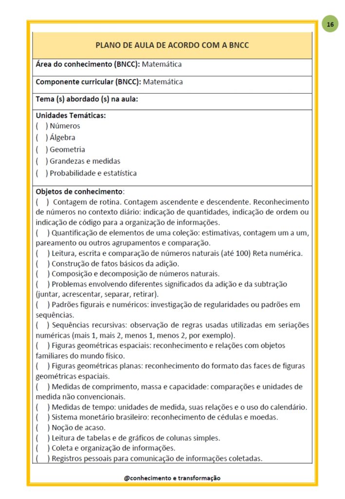 PLANO DE AULA BNCC EM FICHA E PLANNER 1º ANO – Conhecimento e Transformação