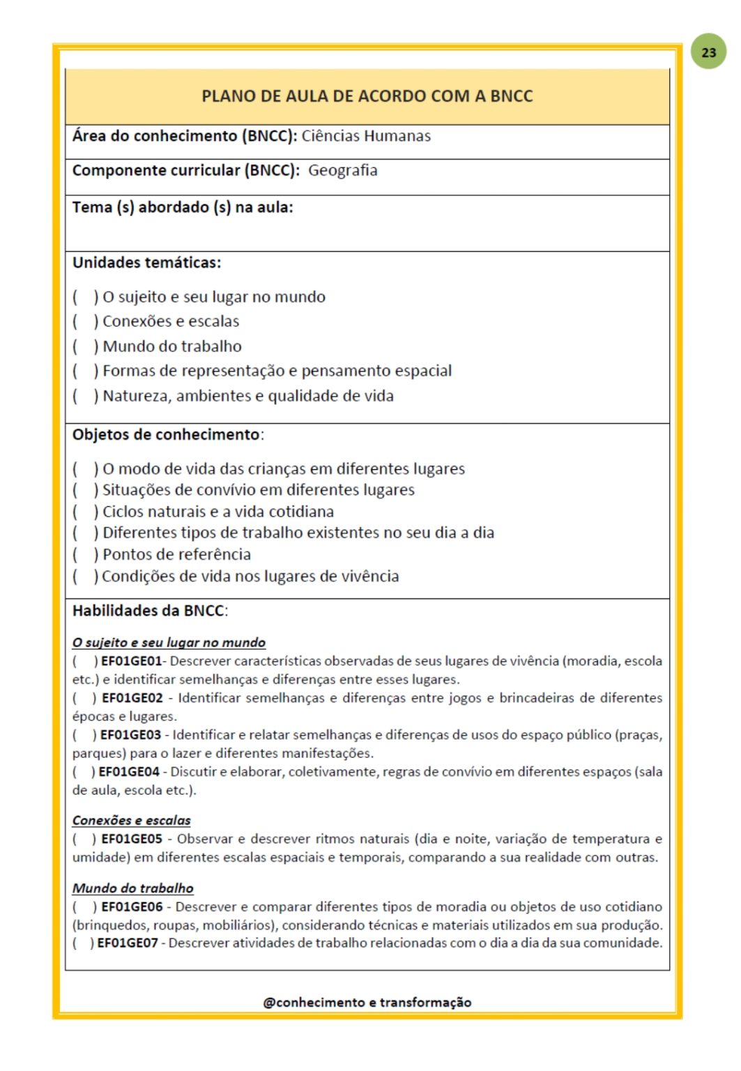 PLANO DE AULA BNCC EM FICHA E PLANNER 1º ANO – Conhecimento e Transformação