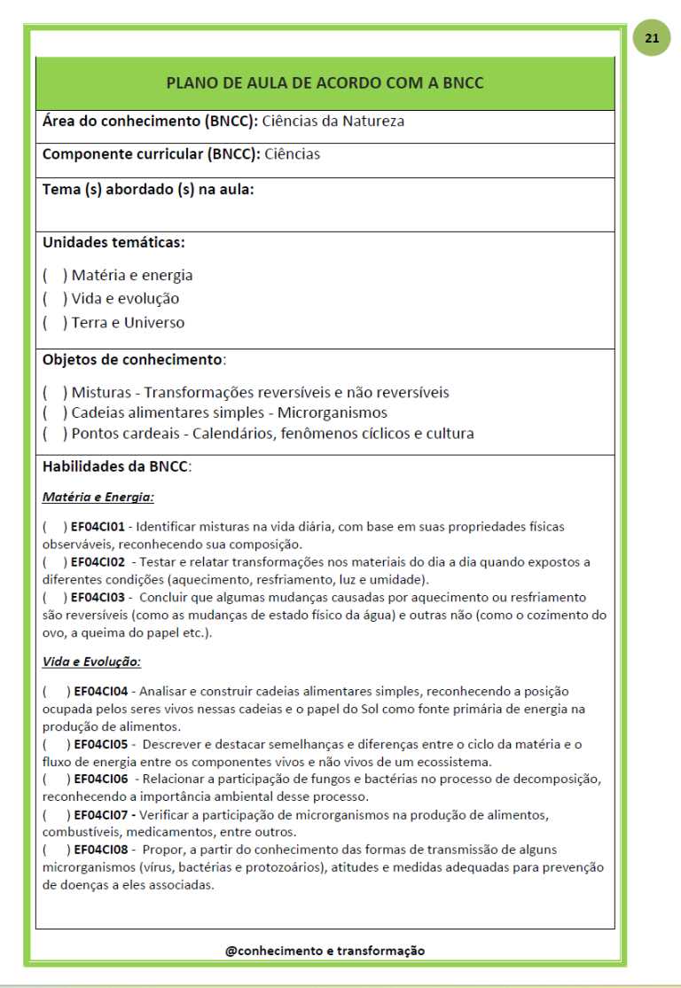PLANO DE AULA BNCC EM FICHA E PLANNER 4º ANO – Conhecimento e Transformação