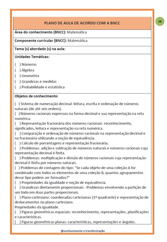 PLANO DE AULA BNCC EM FICHA E PLANNER 5º ANO – Conhecimento e Transformação