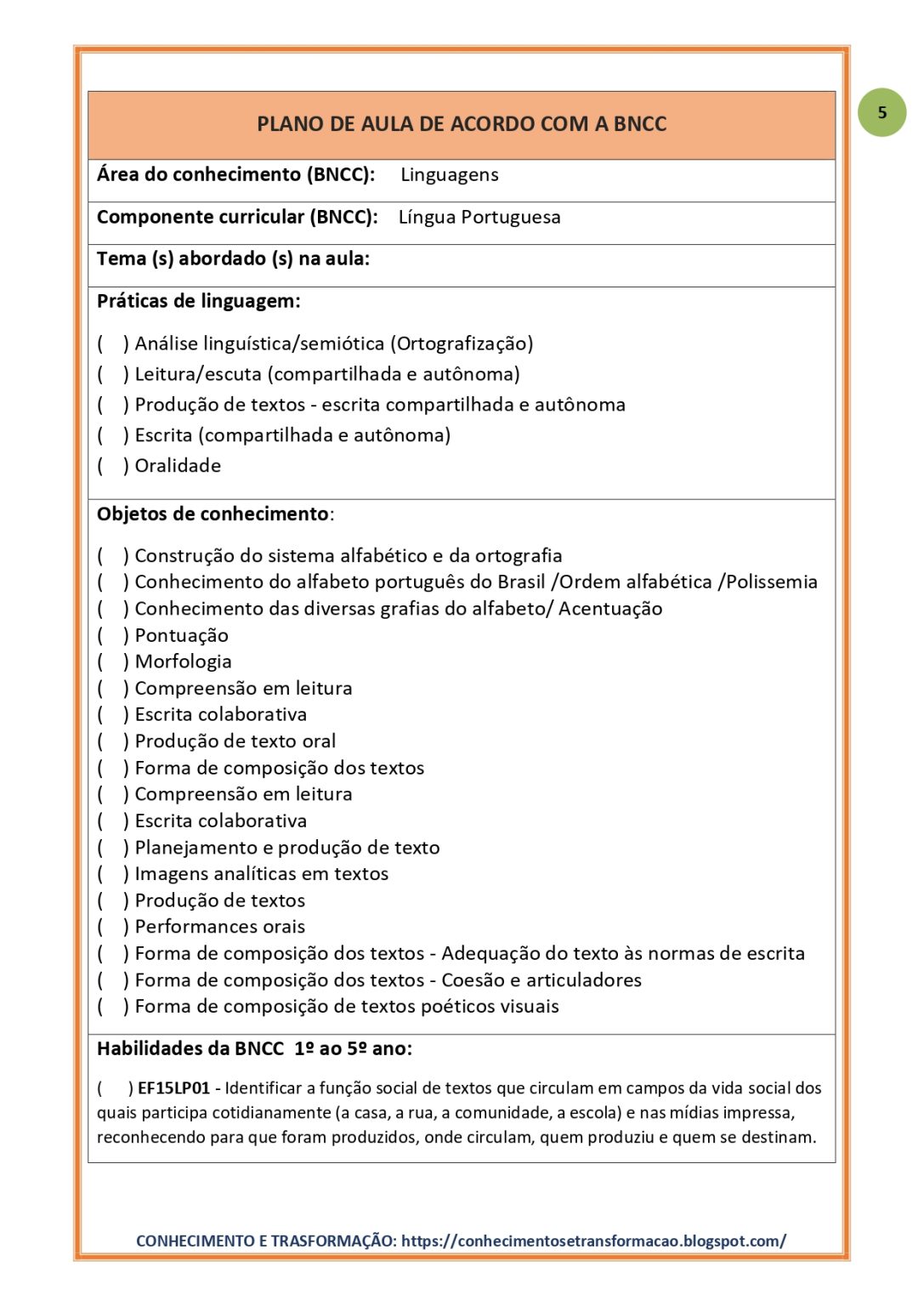 PLANO DE AULA BNCC EM FICHA E PLANNER 5º ANO – Conhecimento e Transformação